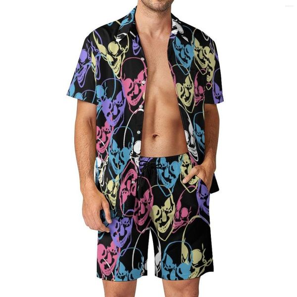 Herren-Trainingsanzüge, bunte Totenköpfe, Herren-Sets, abstrakter Totenkopf-Aufdruck, Hawaii-Freizeithemd-Set, kurzärmelige Grafik-Shorts, Sommer-Strandmode-Anzug, groß