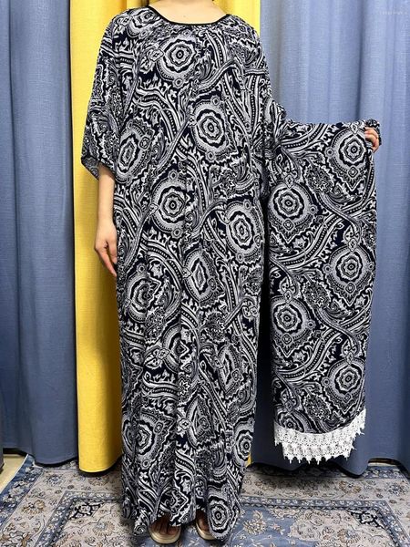 Этническая одежда Мусульманская черная абая для женщин 2023 Летнее печать хлопковое африканское платье Нигерия Ислам Канга с большим кружевным шарфом