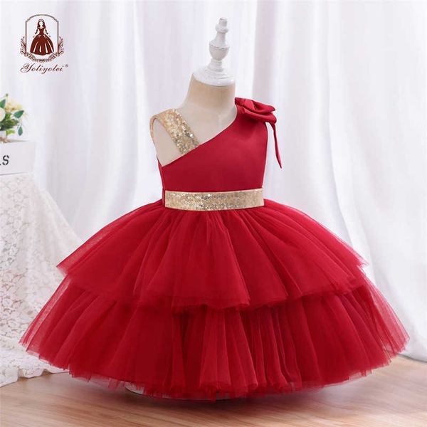 Vestidos para meninas Yoliyolei Fashion Tule Layers Flower Girl Dresses Red Champagne Gold Waist Cinto Sem Ombros Bebê Vestido Casual para MeninasHKD230712