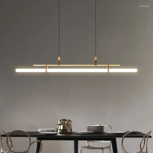 Lampade a sospensione Minimalismo Lampada a Led Tavolo da pranzo in pelle oro nero Eden Modern Long Tube