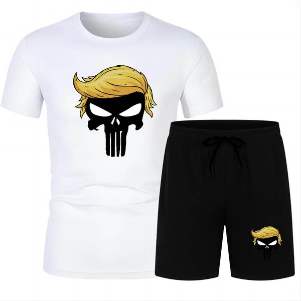 Agasalhos masculinos verão moda casual esportes ao ar livre 2D estampa de caveira adulto camiseta de manga curta calça de praia terno solto secagem rápida