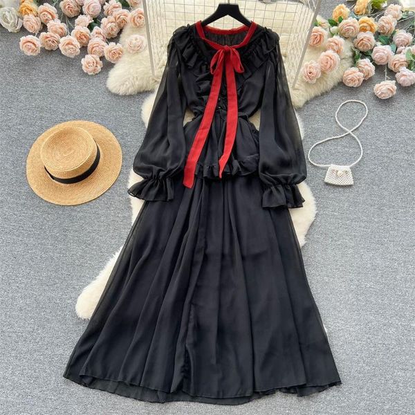 Casual Kleider Tuchland Frauen Süße Rüschen Chiffon Kleid Fliege Kragen Langarm Eine Linie Candy Farbe Sommer Midi Mujer QC389