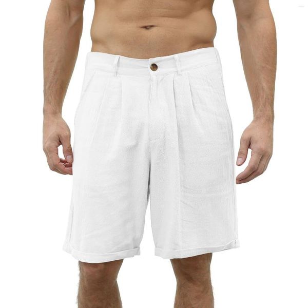 Calça masculina 2023 verão europeu e americano linho de algodão shorts de praia casual com botão elástico na cintura