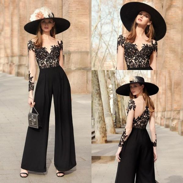 Abiti da passerella Tuta da sera nera Abiti da ballo Applique in pizzo O Collo Maniche lunghe Illusion Tailleur pantalone formale Vestidos De Fiesta