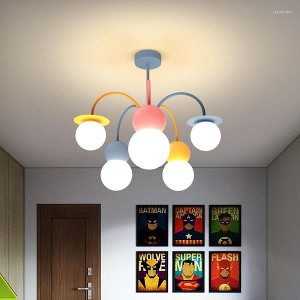 Luminárias pendentes nórdicas crianças coloridas candelabro lâmpada no quarto bebê menina quarto led interior crianças luz 3 cores temperatura