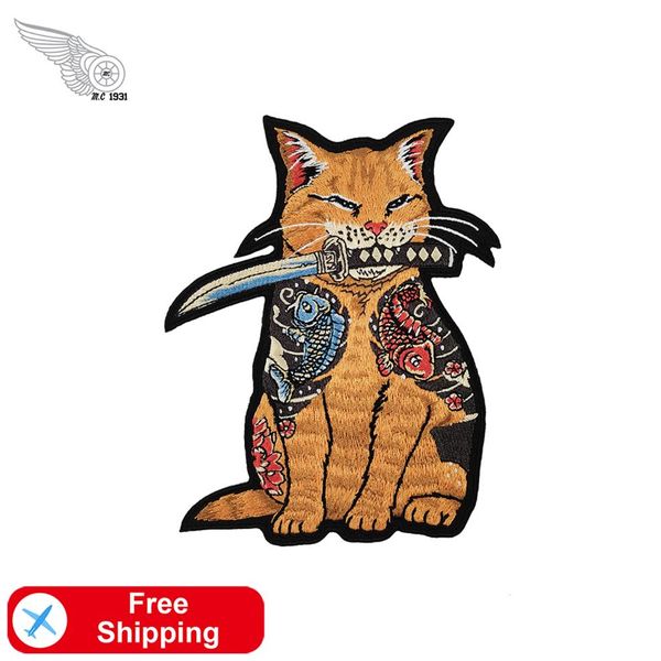 Gato com espada bordado tatuagens remendos de ferro para roupas jaqueta punk remendo de moda personalizado2695