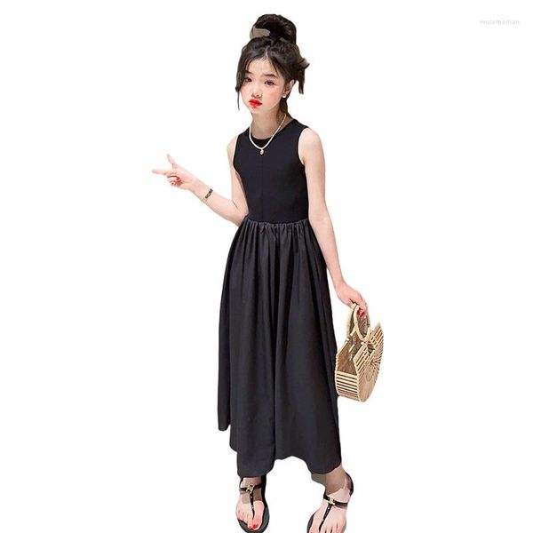 Kız Elbiseler Yaz Sonbahar Genç Kızlar Elbise 4-15 Moda Avrupa tarzı Siyah Prenses Kolsuz Uzun Balo Balyosu