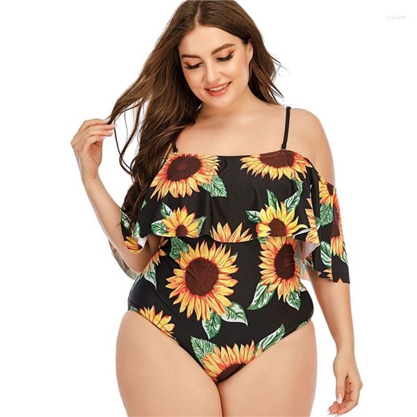 Damen-Bademode, einteiliger Badeanzug für Damen in Übergröße, sexy, schulterfrei, Bauchkontrolle, Monokini, Sonnenblumen-Druck, Volant, Rüschen-Badeanzug