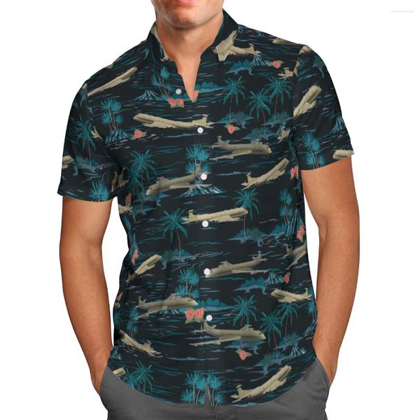Мужские повседневные рубашки прохладный самолет 3D Beach Hawaiian 2023 Летняя рубашка с коротким рукавом.