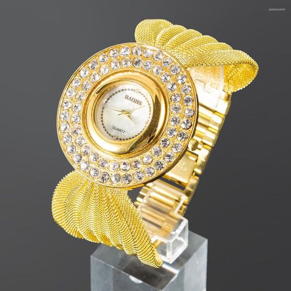 Kol saatleri 2023 lüks moda altın örgü kemer kadın izleme tam elmas kuvars kadın bilek saati baohe
