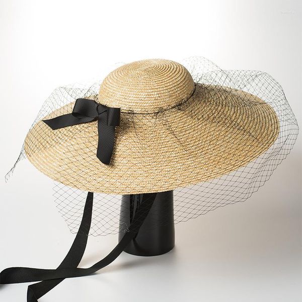 Chapéus de Aba Larga 202306-hh5076 Chique Verão Natural Malha de Palha Chapéu de Sol Modelo Protetor Solar Senhora Boné Feminino Lazer Férias Praia