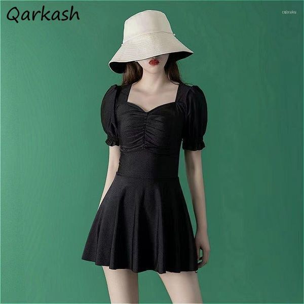 Roupa de banho feminina encobrimento feminino manga bufante sólida para férias de verão dobra para todos os jogos estilo praia casual feminino banho ulzzang simples chique