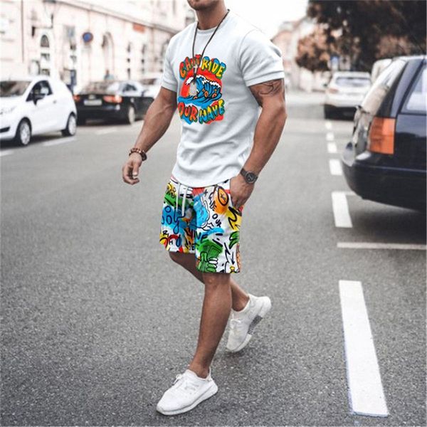 Fato de treino masculino Europeu Americano Conjunto de camiseta Verão Cartas impressas em 3D Shorts manga curta Combinação 2 peças Casual 230712