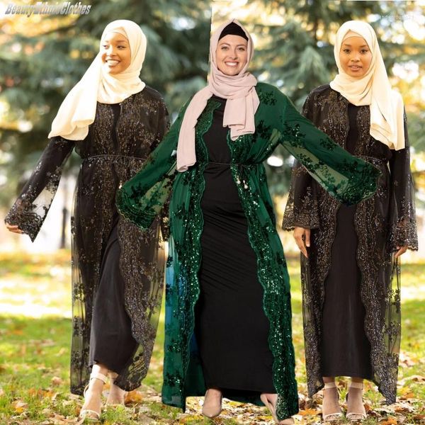 Abbigliamento etnico Dubai Cardigan aperto sul davanti Abito con paillettes Abito lungo Abito da donna Abaya Kaftan Musulmano Arabia Saudita Capispalla estivo