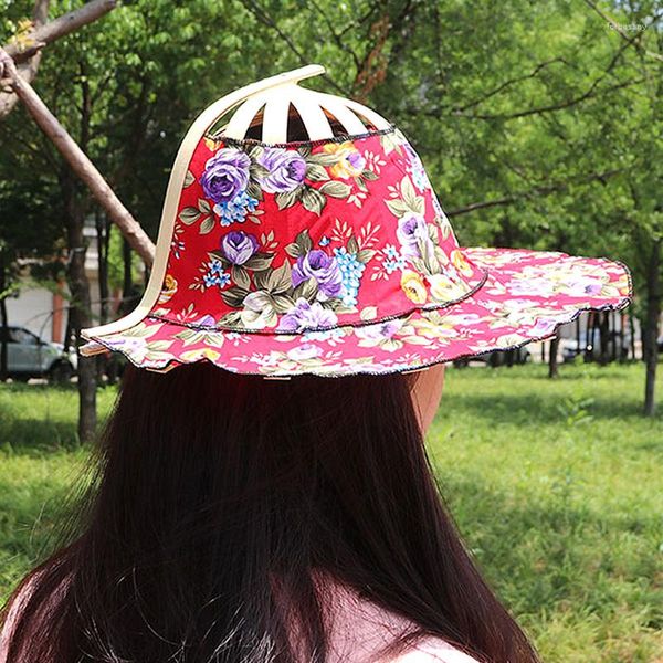 Chapéus de aba larga chapéu de sol de verão bambu dobrável ventilador para mulheres menina sombreamento ventiladores de mão boné de viagem dobrável dança pano floral