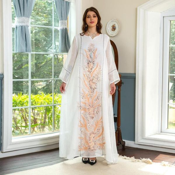 Ethnische Kleidung 2023 in Jalabiya Eid Ramadan Frauen Perlen Stickerei Muslimisches Kleid Femme Weißer Kaftan Saudi Mesh Islam Caftan Marocain