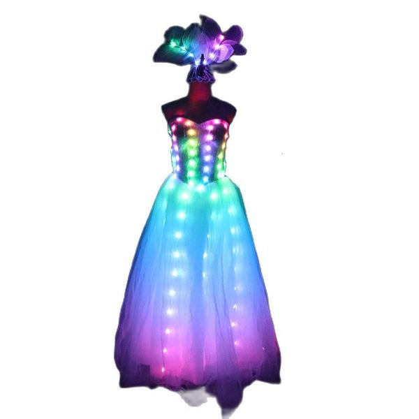 Outros Artigos para Festas Cantor Cor Completa Pixel LED Saia Sonhador Luminoso Vestido de Noiva Asas Bodysuit Mulheres Fato de Palco Dançarina Show de Palco Actuação 230712