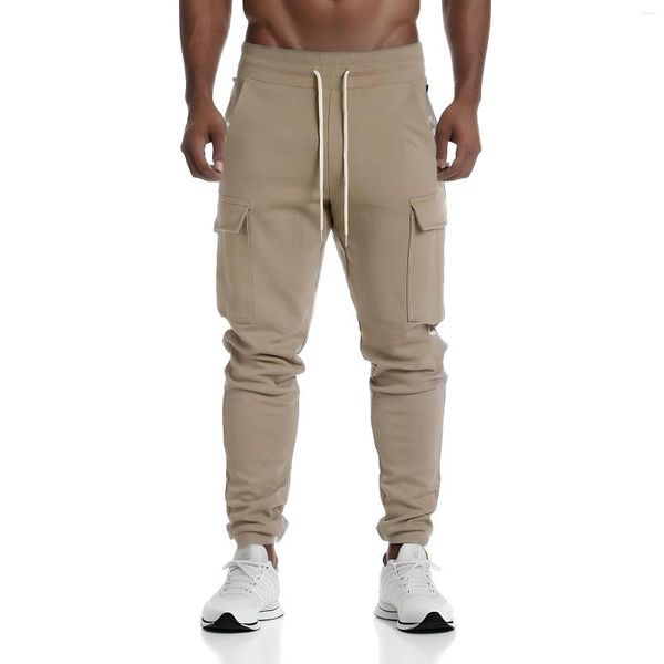 Calças masculinas fitness casual cintura média bolso com zíper camuflagem frente plana jeans corte pára-quedas para homens