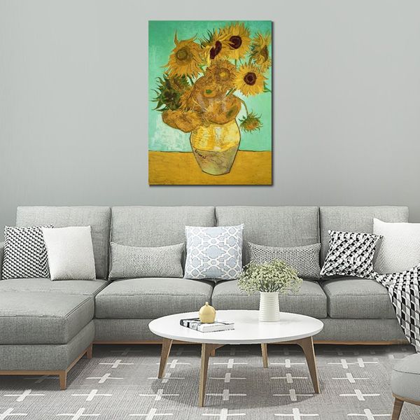 Girasoli impressionisti su tela su sfondo verde Pittura a olio di Vincent Van Gogh fatta a mano moderna decorazione della camera da letto