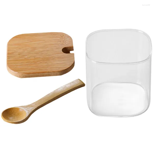 Dinnerware Sets Glass Spice Jar Containers Sugar Bowl Kitchen Seasoning Condiment Wooden Bottle Pot