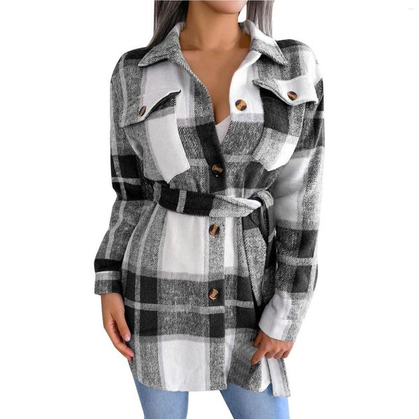 Jaquetas femininas moda casaco xadrez longo outono camisa de lã streetwear roupas femininas soltas jaqueta casual feminina com cinto