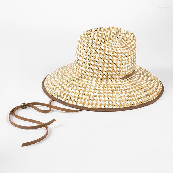 Chapéus de aba larga de alta qualidade tecido à mão chapéu de palha panamá feminino verão corda amarrado sol coreano viseira jazz sombrero vriginer2023