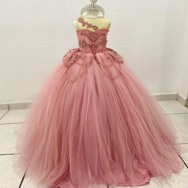 Luxuriöses rosafarbenes Blumenmädchenkleid für die Hochzeit, Applikationen, Perlen, Perlen verziert, Tüll, Ballkleider, niedliches Kinderkleid, Erstkommunion, Fotoshooting