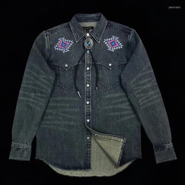 Herren-Freizeithemden, Baumwoll-Denim, besticktes Vintage-amerikanisches Westernhemd