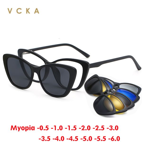 Occhiali da sole VCKA 6 in 1 occhiali da sole miopia polarizzati clip magnetica occhiali da vista montature uomo donna moda occhio di gatto ottico da -0,5 a 10 230713