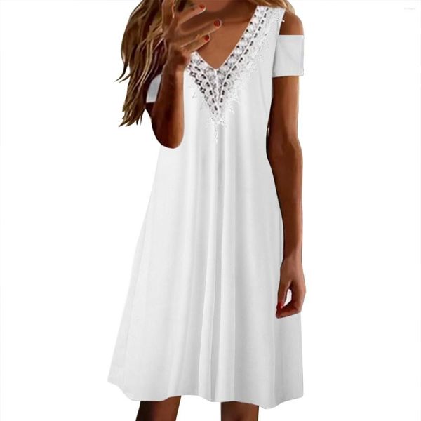 Casual Kleider Sommer Weiß Für Frauen Spitze Aushöhlen Off Schulter Boho Midi Kleid Damen Lose V-ausschnitt Party Eine Linie robe