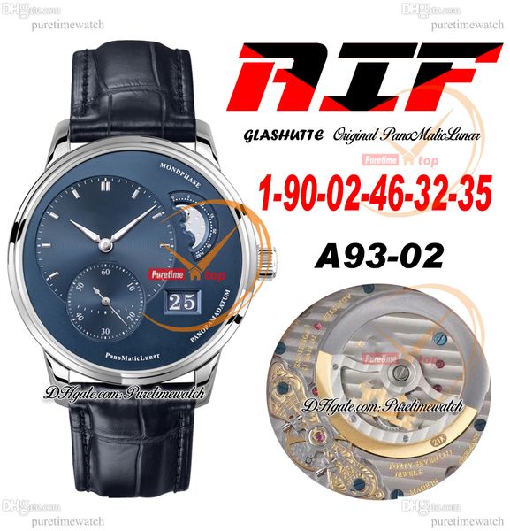 AIF Panomaticlunar Moonphase A93-02 Автоматические мужские мужские часы стальной корпус Blue Dial Black Cethene Strap Super Version Edition Herrenuhr Reloj Hombre Watch Cure C3