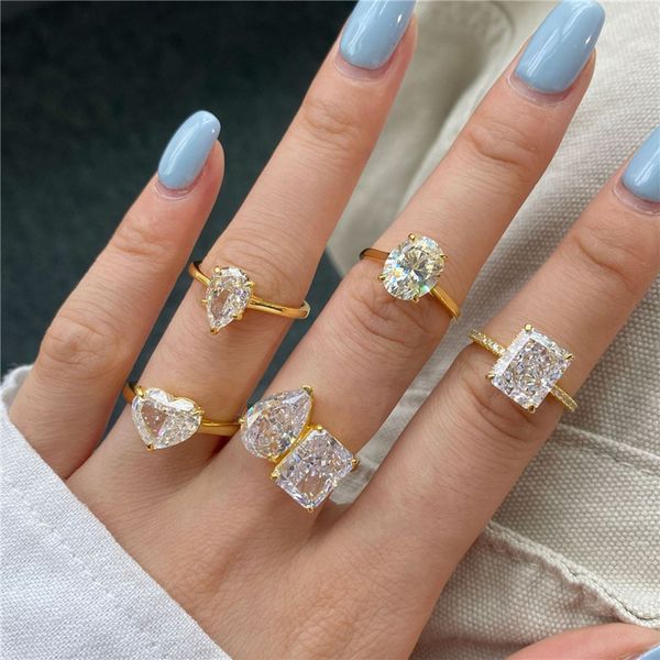 Kadın için Altın Tasarımcı Yüzüğü Diamond Lüks 925 STERLING Gümüş Zirkonya Oval Square Kalp Aşk Düğün Sözü Kadın Nişan Yüzükleri Takı Boyutu 5-9 Hediye Kutusu