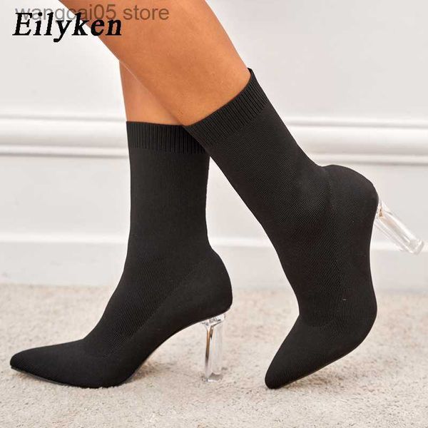 Boots Eilyken Winter Women Entage Entage Tabry Sock Sock Boots Прозрачная квадратная каблука мода Упомянутая пальцем для женской лодыжки T230713