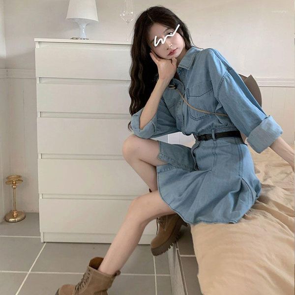 Abiti casual Abito da donna in denim sottile con vita francese con cintura Summer Sweet Studenti Edizione coreana Stile accademico Manica lunga corta