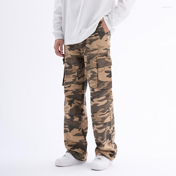 Erkek kot retro patchwork cepleri düz gevşek kamuflaj kargo pantolonları yüksek sokak büllü rahat unisex tulum hip hop pantolon