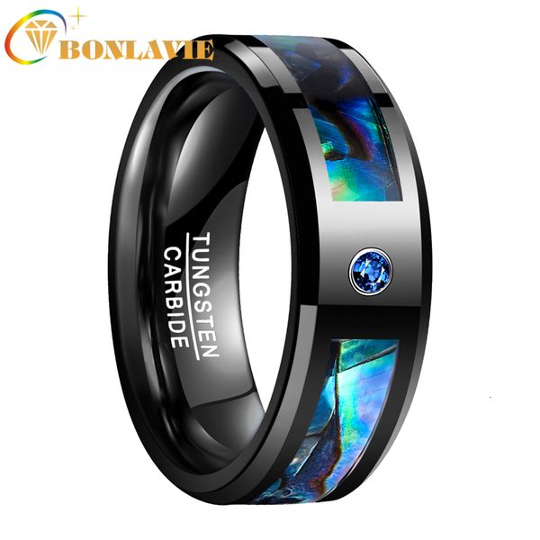 BONLAVIE Bague en carbure de tungstène de 8 mm Bague en coquille d'ormeau noir avec doigt en pierre bleue CZ Hommes Femmes Bague de mariage Bijoux 230713