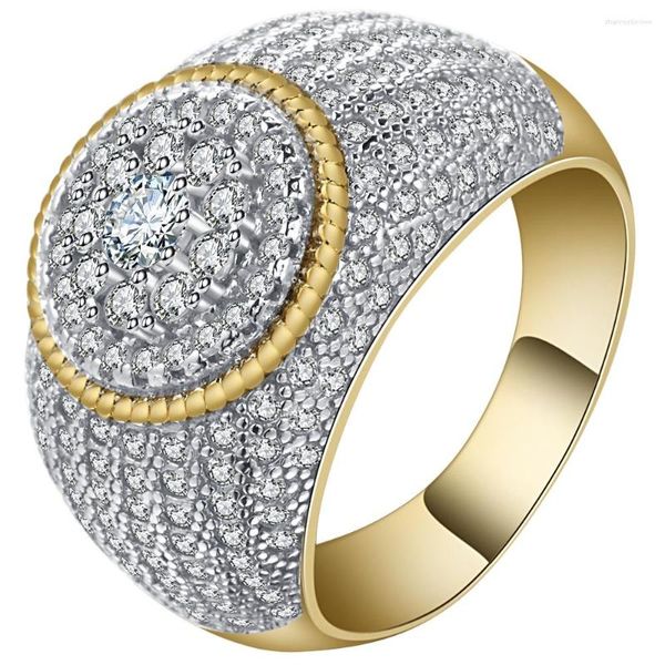 Fedi nuziali Ultime Micro Pave Cubic Zirconia Big Round Gold Color Incredibili Donne Uomini CZ Punk E Fidanzamento Unique Bagues