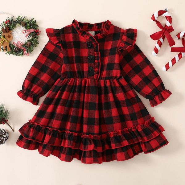 Mädchen Kleider Kleinkind Mädchen Weihnachten Plaid Print Kleid Niedliche Langarm Button-Down-Rüschen A-Linie