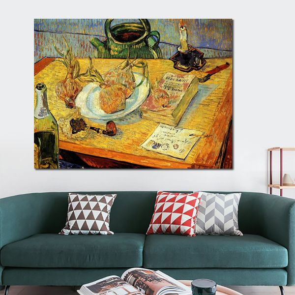 Alta qualità Vincent Van Gogh Dipinto ad olio Natura morta con tavolo da disegno Tubo Cipolle Ceralacca Fatta a mano su tela Decorazione murale