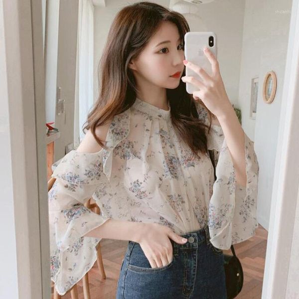 Женские блузки французская печатная ретро -блуза Женщины корейские топы моды Mujer Дизайнер -дизайнер без бретелек Spring Summer Thin Low
