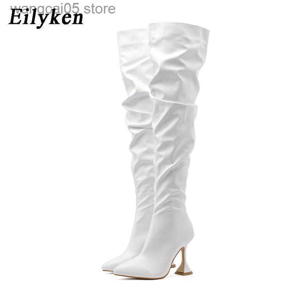 Boots Eilyken 2023 Новый дизайн плиссирован на колене Womans Boots Fashion Runway Strange High Heels Sexy Loyed Toe Long Shoes T230713