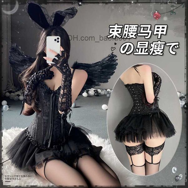 Tema kostüm kadınların rol yapma iç çamaşırı bandaj yelek mini etek seti anime iç çamaşırı taytlar siyah melek şeytan rol yapma giyim yeni z2307123