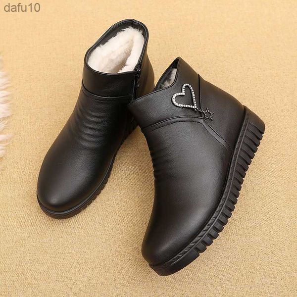 Winterschuhe Damen echtes Leder Knöchel flache Stiefel Lässige bequeme warme Frau Schneestiefel Mutter Baumwollstiefel kostenloser Versand L230704