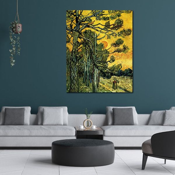 Leinwandkunst, Kiefernbäume gegen einen roten Himmel mit untergehender Sonne, Vincent Van Gogh, Ölgemälde, handgefertigte Landschaft, moderne Schlafzimmerdekoration