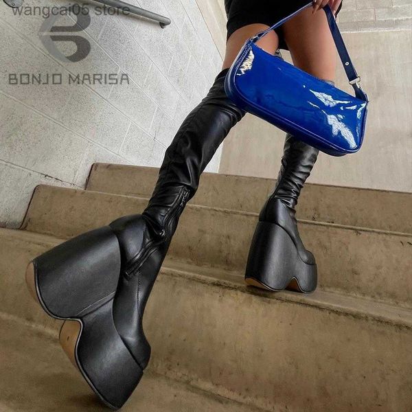 Stiefel BONJOMARISA Neue Marke Punk Plattform Goth Hohe Keile Lange Oberschenkel Hohe Stiefel Frauen Stretch Cool Overknee frauen Stiefel T230713