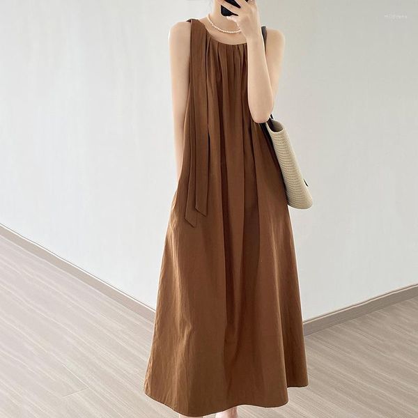 Abiti casual 2023 Summer Women's Dress Long Pieghettato Design senza maniche Bow Tie Up Pullover Pocket Sundress Abiti in stile coreano 9089