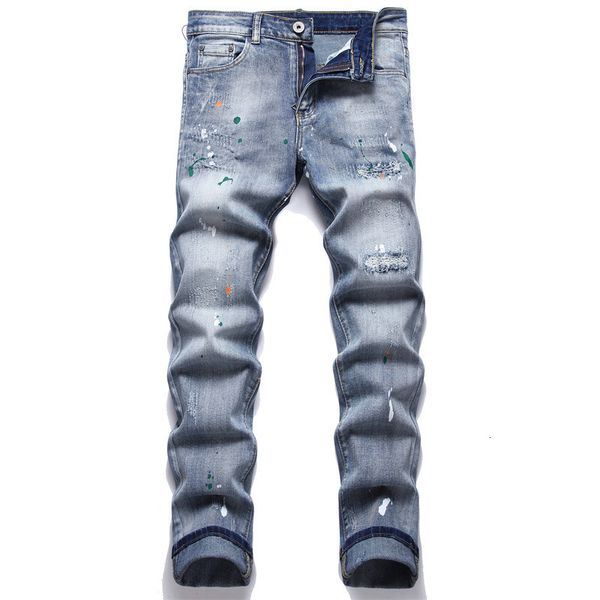 Jeans masculino de alta qualidade, moda, marca, estilo punk, pintura, azul, quebrado, pé pequeno, cintura média, 230712