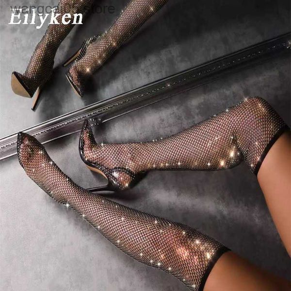 Boots Eilyken Design Crystal Ownestone сетка сетчатой ​​ткань сексуальные высокие каблуки носки с коленом ботинки ПВХ прозрачные туфли с заостренными пальцами ноги T230713