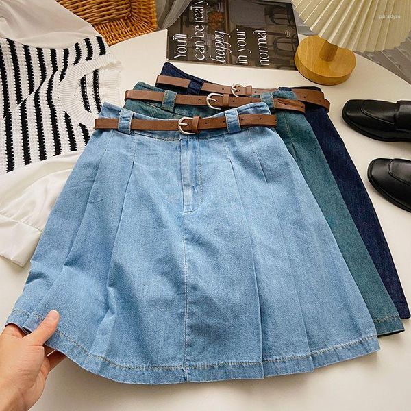 Röcke Koreanischen Stil Denim Kurzen Rock Mit Gürtel Sommer Hohe Taille frauen All-matched A-linie Plissee Weibliche Mini Shorts