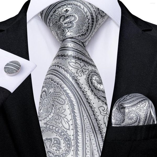 Papillon Luxury Grey Paisley Silk For Men 8cm Wedding Party Cravatta Set Pocket Square Gemelli Accessori Gift Drop